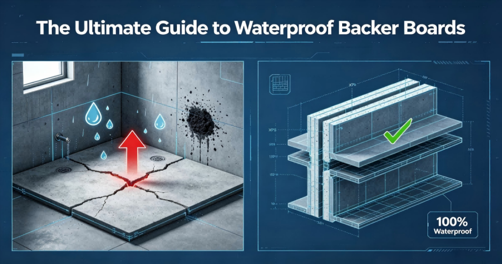 Industrial infographic comparing moldy leaking wet area failures with three-layer XPS waterproof tile backer board structure