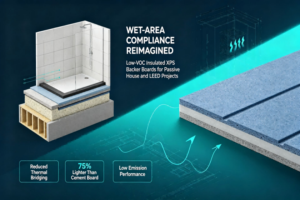 Low-VOC XPS tile backer board hero banner for California green building, passive house and LEED wet-area construction, thermal bridging elimination compliant with CARB, Title 24 and seismic codes