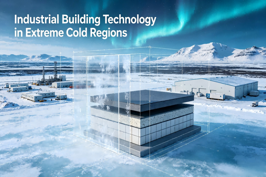 Hero visual of an arctic industrial facility in a snow-covered landscape under aurora borealis, representing Tile Backer Pro wide-temperature structural XPS backer boards. Built for northern Canada & Alaska extreme cold projects: cold storage, remote mining camps, permafrost infrastructure & modular bathrooms, highlighting frost heave resistance, low-temperature toughness and dry fast installation.