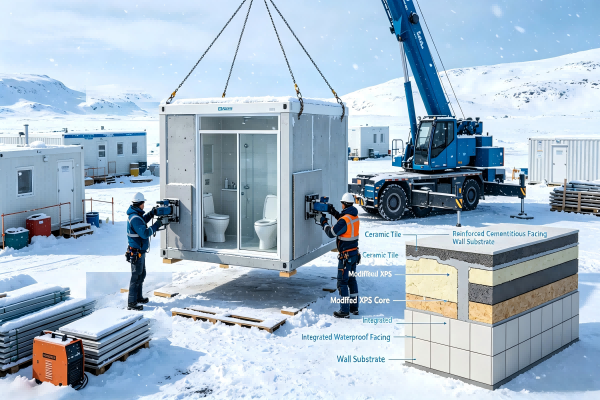 Modular bathroom pod being installed in an arctic industrial site, showing Tile Backer Pro XPS backer board cross-section for cold storage, mining camps and remote infrastructure projects.