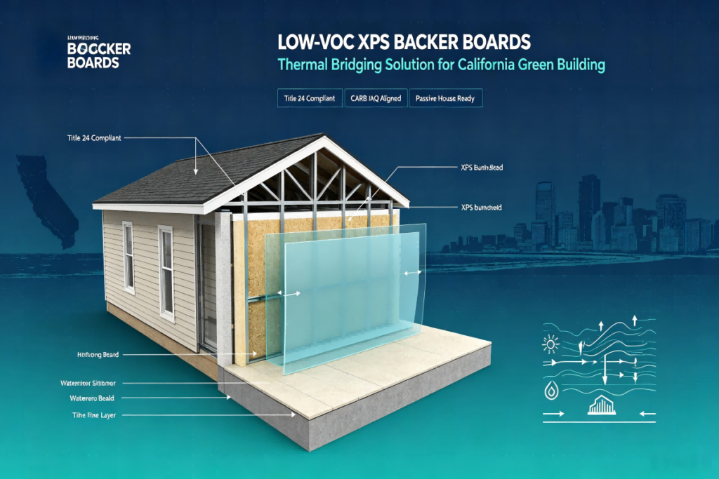 Cross-section render of passive house wall with Tile Backer Pro low-VOC XPS tile backer board, solving thermal bridging, CARB IAQ & California Title 24 green building compliance issues for LEED and seismic projects