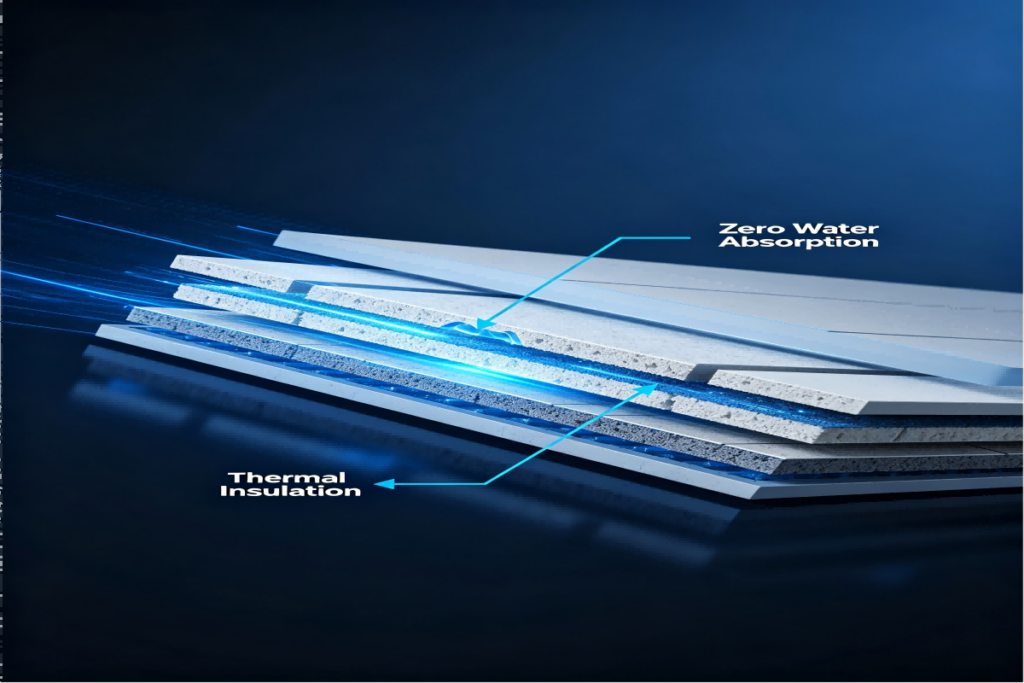 Layered XPS tile backer board with zero water absorption face coat and thermal insulation closed-cell core for freeze-thaw resistant cold climate wet areas